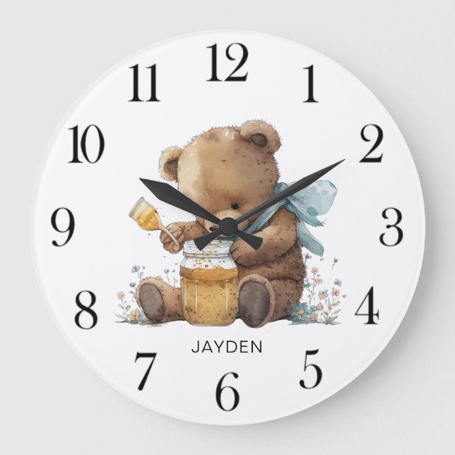 Grande Horloge Ronde Aquarelle mignonne Teddy Bear Pot de miel (Recto)
