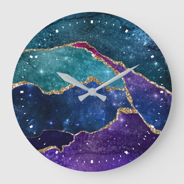 Grande Horloge Ronde Aquarelle moderne bleu violet Aqua Gold Agate (Recto)
