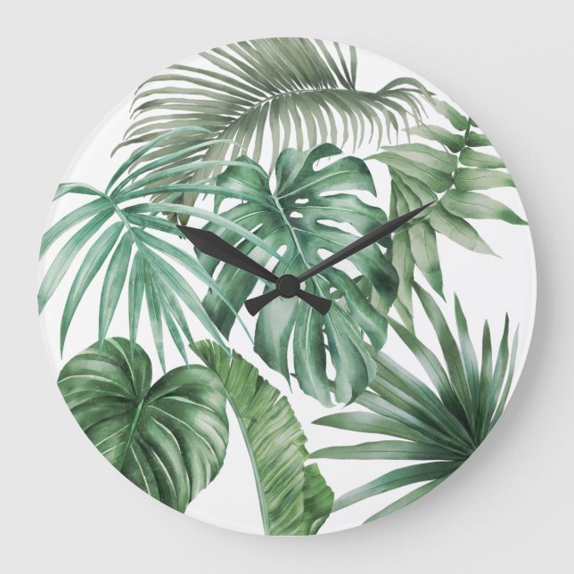 Grande Horloge Ronde Aquarelle moderne Feuilles tropicaux Monstera (Recto)