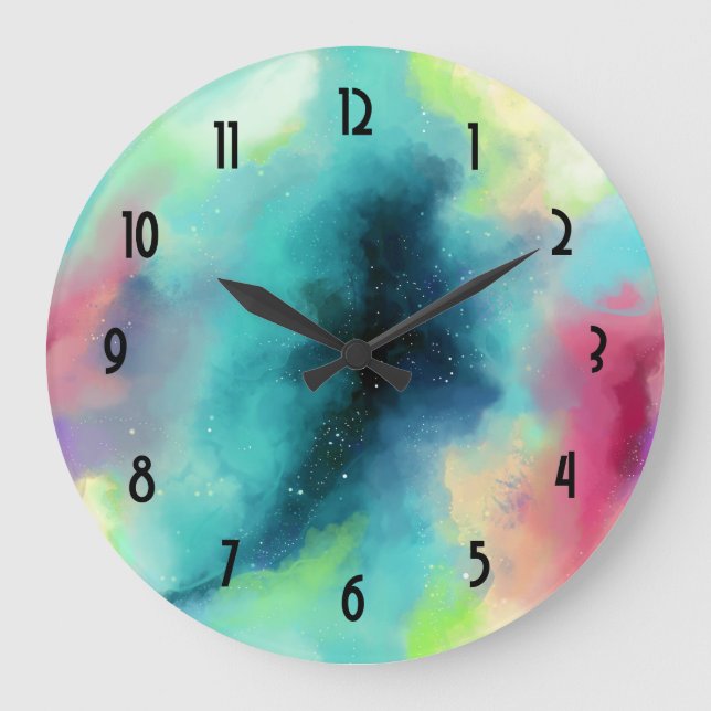 Grande Horloge Ronde Aquarelle moderne Green & Red Space Nebula (Recto)