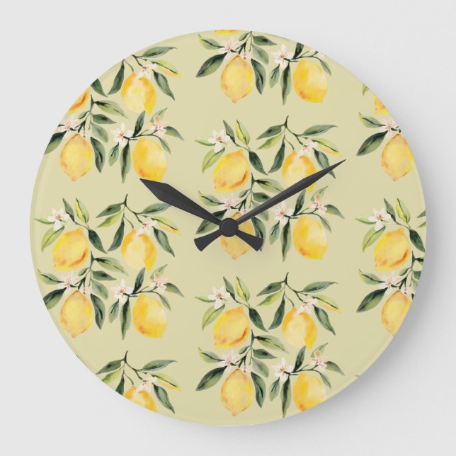 Grande Horloge Ronde Aquarelle moderne Motif jaune citron (Recto)