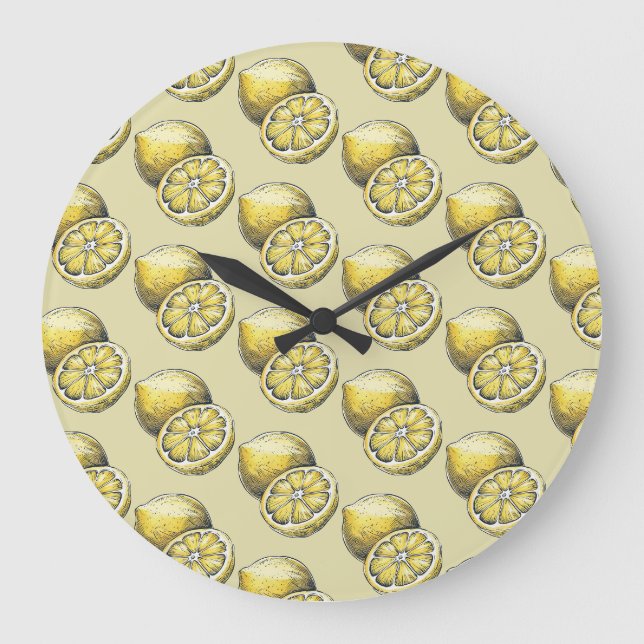 Grande Horloge Ronde Aquarelle moderne Motif sans couture Citron jaune  (Recto)
