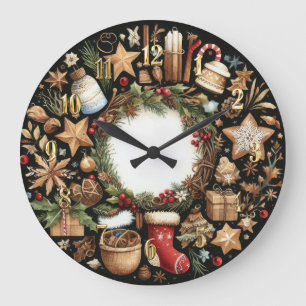 Grande Horloge Ronde Aquarelle Noir Russe Motifs de Noël