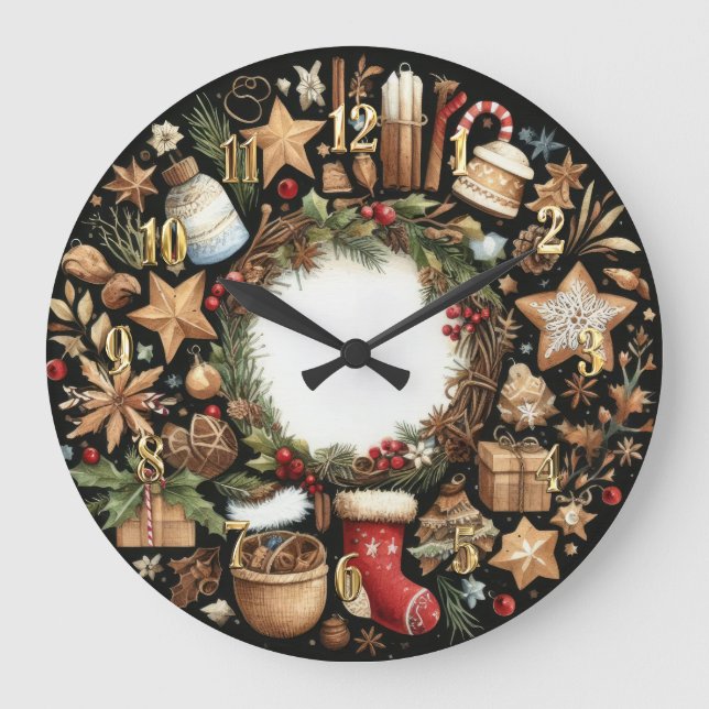 Grande Horloge Ronde Aquarelle Noir Russe Motifs de Noël (Recto)
