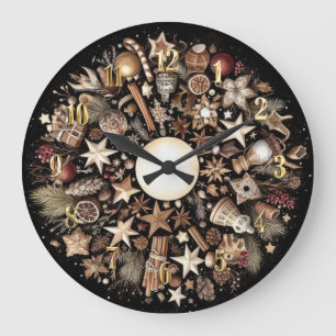 Grande Horloge Ronde Aquarelle Noir Russe Motifs de Noël