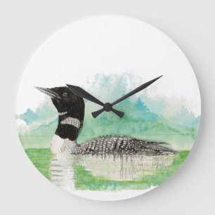 Grande Horloge Ronde Aquarelle originale Oiseau de Loon Commun