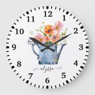 Grande Horloge Ronde Aquarelle peinte à la main Floral