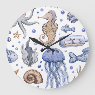 Grande Horloge Ronde Aquarelle Peinte à la main Motif de mer.