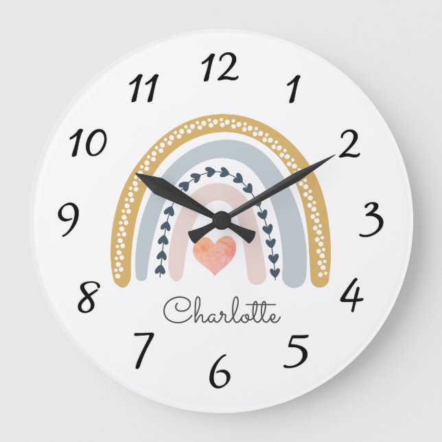 Grande Horloge Ronde Aquarelle personnalisée Rainbow Baby Name Nursery (Recto)