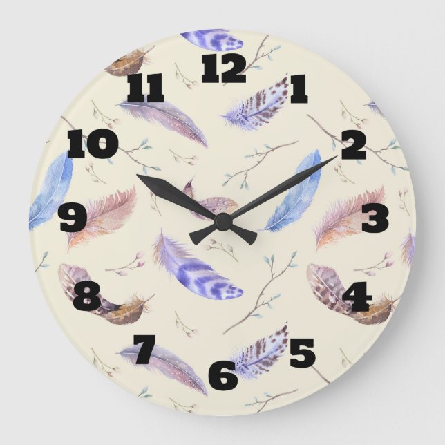 Grande Horloge Ronde Aquarelle Plumes Feuilles et Branches Motif (Recto)
