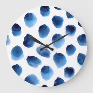 Grande Horloge Ronde Aquarelle Points Bleus : Peint à la main sans cout