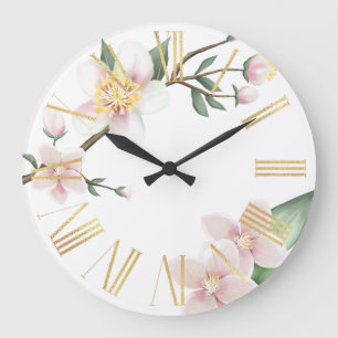 Grande Horloge Ronde Aquarelle Pommes fleurit et Or chiffres romains