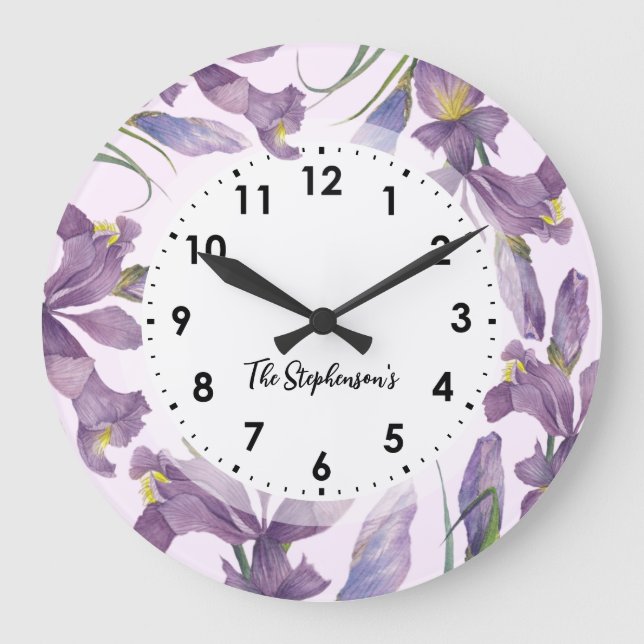 Grande Horloge Ronde Aquarelle Purple Irises Illustration botanique (Recto)
