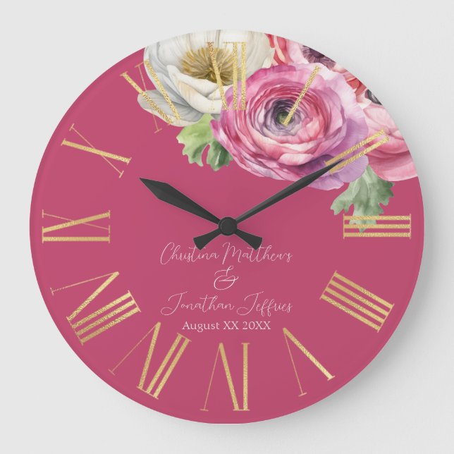 Grande Horloge Ronde Aquarelle romantique Ranunculus rose sur Blush (Recto)