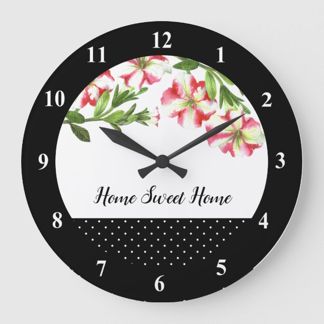 Grande Horloge Ronde Aquarelle rose et blanc Pétunias Pointe Polka (Recto)
