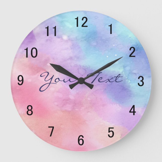 Grande Horloge Ronde Aquarelle rose et bleu personnalisée (Recto)