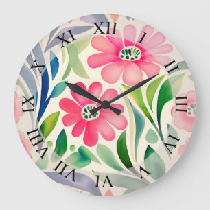 Grande Horloge Ronde Aquarelle rose Fleurs Art