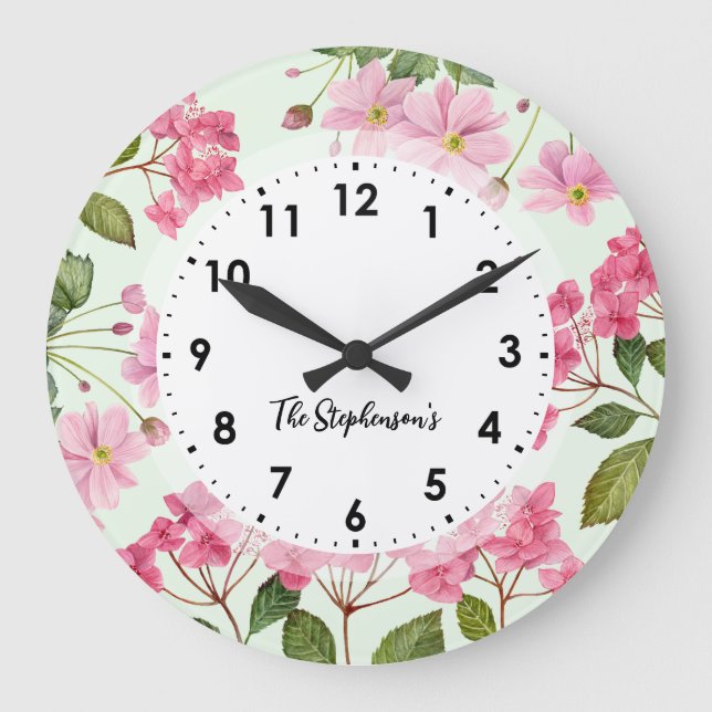 Grande Horloge Ronde Aquarelle rose Hydrangea et anémone japonaise (Recto)