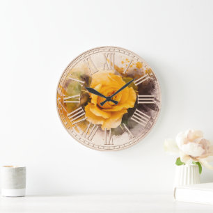 Grande Horloge Ronde Aquarelle Rose Jaune Unique