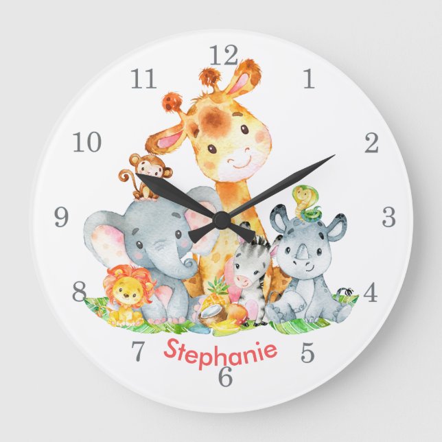 Grande Horloge Ronde Aquarelle rose mignonne Safari Jungle Animaux (Recto)