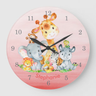 Grande Horloge Ronde Aquarelle rose mignonne Safari Jungle Animaux