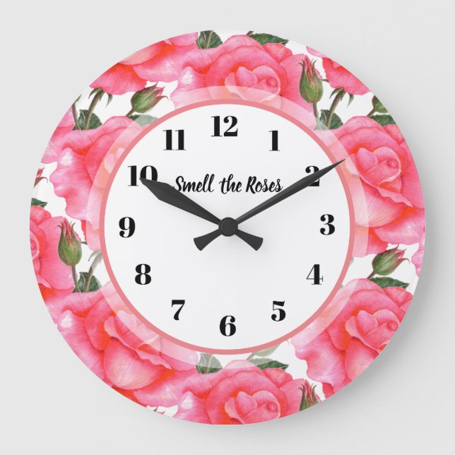 Grande Horloge Ronde Aquarelle rose rose motif floral (Recto)