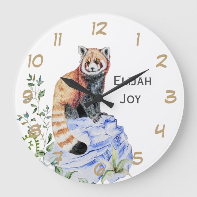 Grande Horloge Ronde Aquarelle Rouge Panda Enfants Personnalisés (Recto)