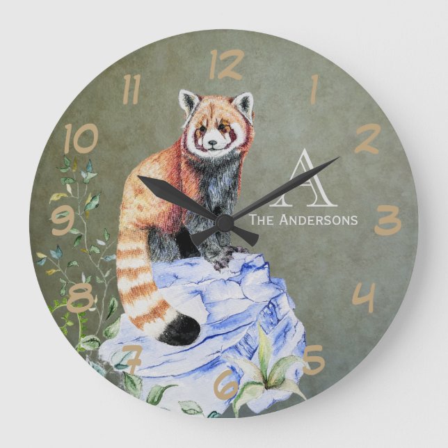 Grande Horloge Ronde Aquarelle Rouge Panda Monogramme Sage Or (Recto)