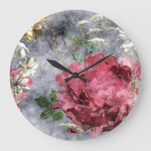 Grande Horloge Ronde Aquarelle rouge Peony motif floral
