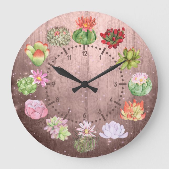 Grande Horloge Ronde Aquarelle rustique Succulents (Recto)