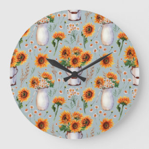 Grande Horloge Ronde Aquarelle Rustique Sunny, Motif sans couture.