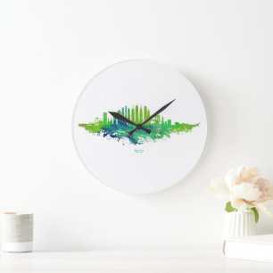 Grande Horloge Ronde Aquarelle Skyline de New York en bleu et en citron