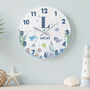 Grande Horloge Ronde Aquarelle sous la mer animaux de l'océan Monogramm