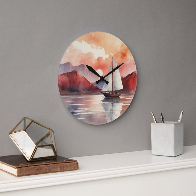 Grande Horloge Ronde Aquarelle Sunrise Avec Yacht (Bureau)
