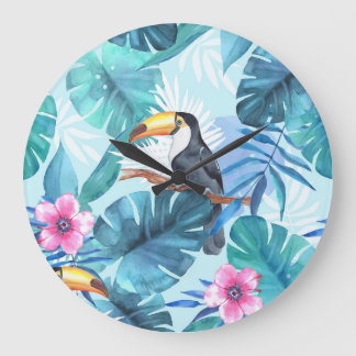 Grande Horloge Ronde Aquarelle Toucans : Tropical Seamless