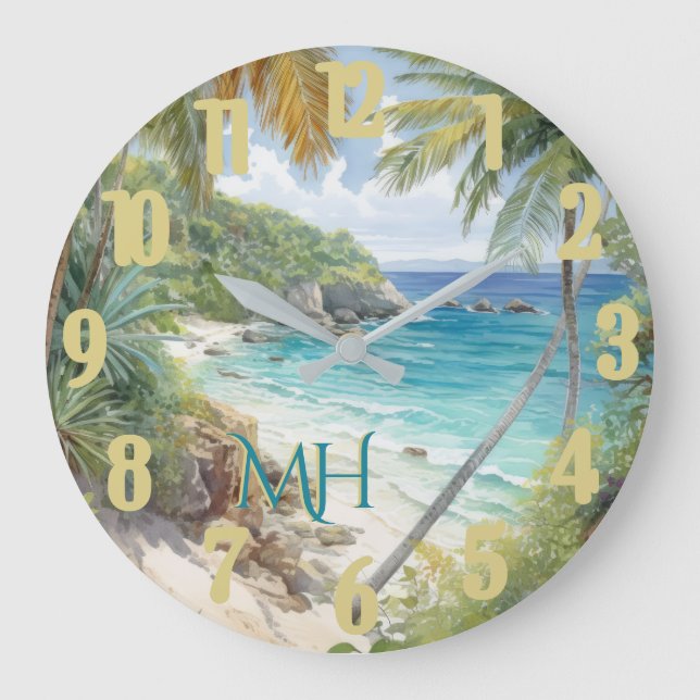 Grande Horloge Ronde Aquarelle tropicale Beach Lagoon Paradise (Recto)