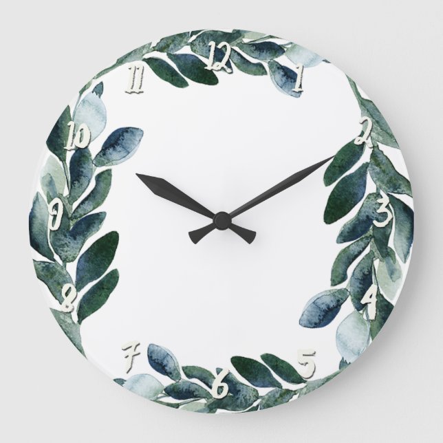Grande Horloge Ronde Aquarelle verte Verdure Feuille Botanique Rustique (Recto)