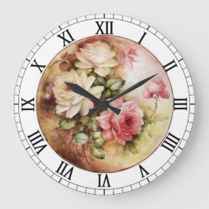 Grande Horloge Ronde Aquarelle vintage Rose Fleurs victoriennes Florale