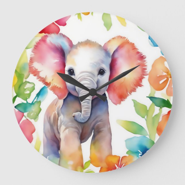 Grande Horloge Ronde Aquarelle vive de l'éléphant (Recto)