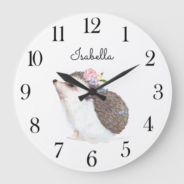 Grande Horloge Ronde Aquarelle Woodland Animal Hedgehog Nursery (Recto)