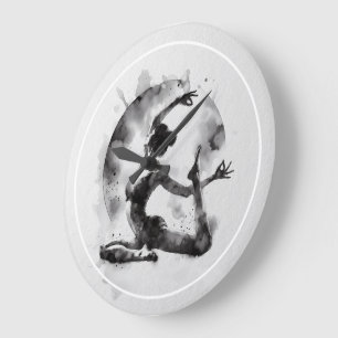 Grande Horloge Ronde Aquarelle Yoga Reiki Pose King Pigeon à une jambe