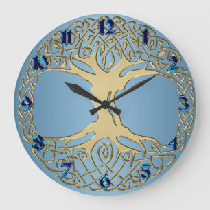 Grande Horloge Ronde Arbre celtique de noeud de bleu et d'or d'horloge