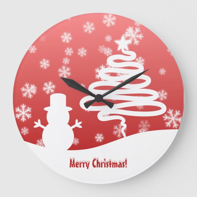Grande Horloge Ronde Arbre de Noël blanc et Snowman (Recto)