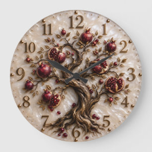 Grande Horloge Ronde Arbre de Vie avec Grenades   Art en Relief 3D
