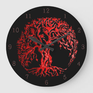 Grande Horloge Ronde Arbre de vie de Mehndi (henné) (rouge)