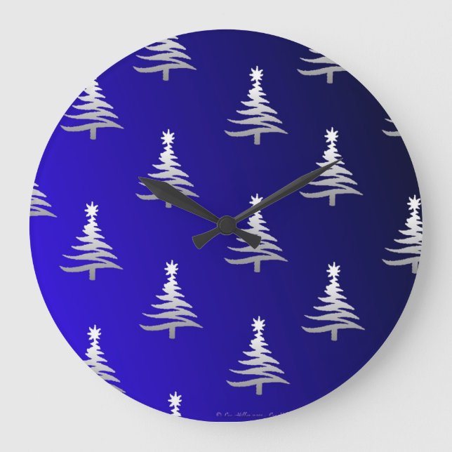 Grande Horloge Ronde Arbres de Noël Argent sur Bleu Cobalt (Recto)