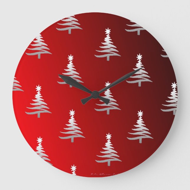 Grande Horloge Ronde Arbres de Noël en argent sur rouge (Recto)