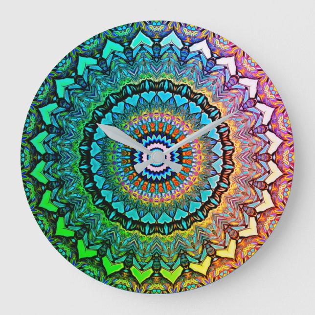 Grande Horloge Ronde Arc en ciel et Coeurs Mandala (Recto)