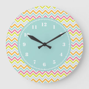 Grande Horloge Ronde Arc-en-ciel Girly de motif moderne de Chevron