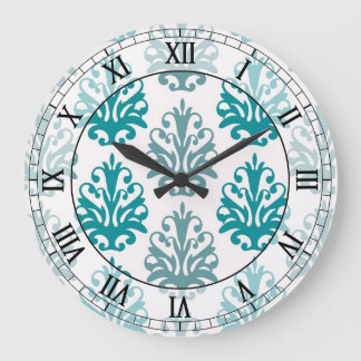 Grande Horloge Ronde ardoise bleue turquoise bleu blanc damassé chiffre